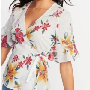 Wrap-Around Short Sleeve Floral Blouse - Linen - XS